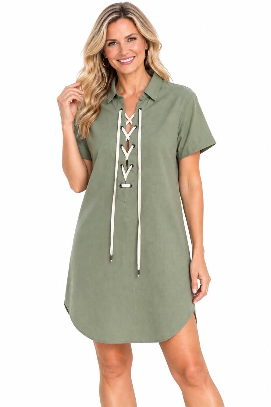 Rails Rocky Laceup Dress Womens XS Army Green Linen Collared Shift Casual Sage
